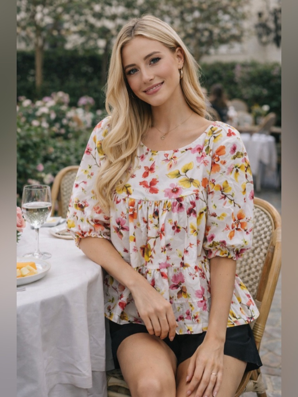 906 Merlette Floral Puff Sleeve Short Sleeve Blouse Size XS Color White Pink